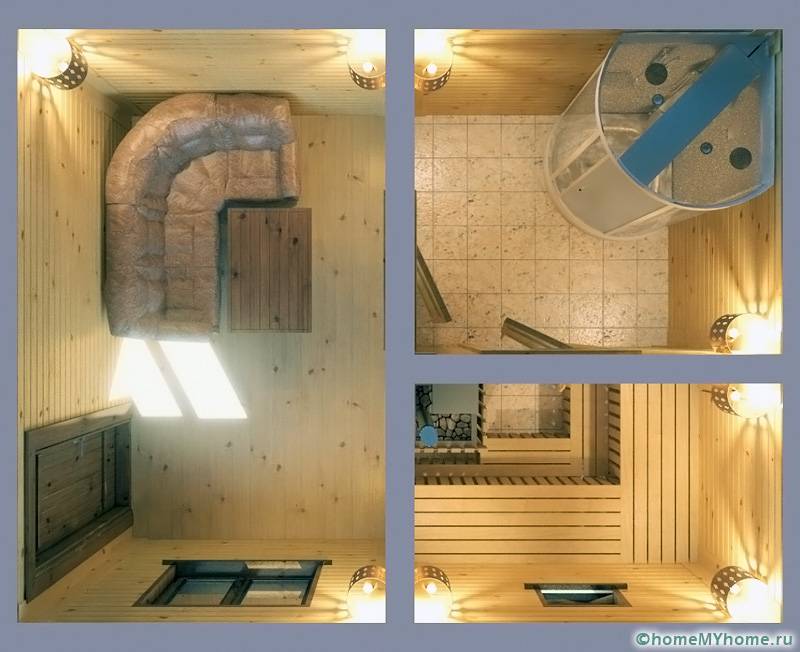 В парната баня подовете могат да бъдат направени от неплъзгащи се плочки, а в стаята за отдих можете да използвате обикновена дъска за под